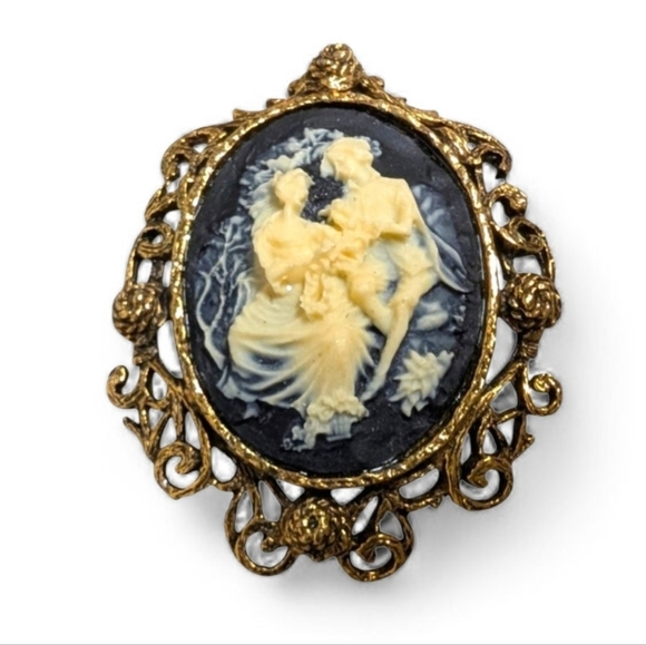 CAMEO Cream Black Silhouette Brooch Vintage Romantic Golden Pin - Picture 7 of 8
